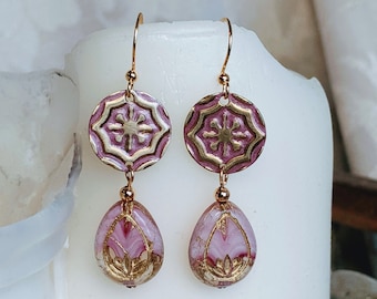 Medallion Lotus Earrings | Hand-Embossed Metal & Czech Glass Teardrop Beads on Gold Fishhooks