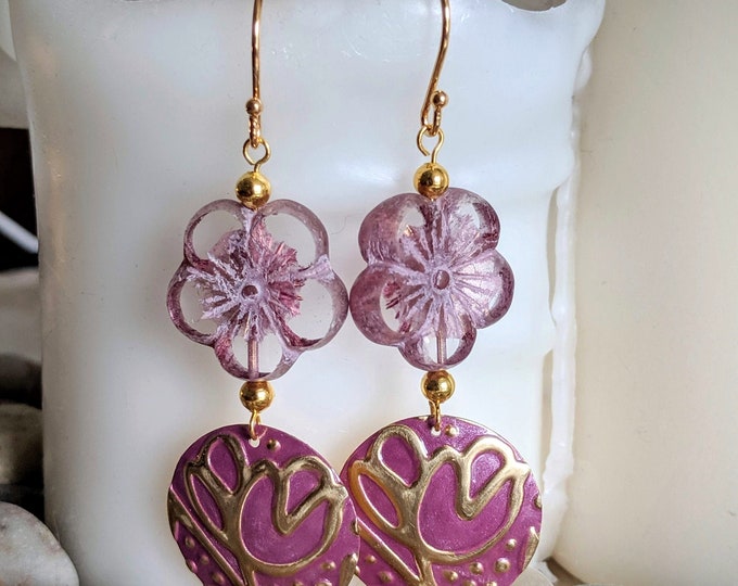 Glass & Embossed Flower Earrings | Czech Glass Hibiscus with Patina Metal Accents