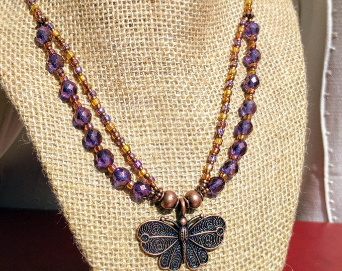 Purple Shimmer Jewelry Set | Necklace, Bracelet & Earrings with Czech Glass Beads and Copper Butterfly Charm