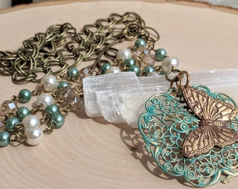 Country Chic Pearl Necklace | 30” Teal & White Glass Pearls with Champagne Beads and Nature Charms