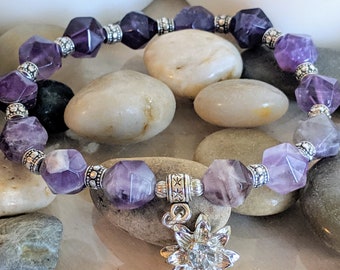 Amethyst Lotus Bracelet | 10mm Star Cut Amethyst Beads with Silver Lotus Charm on Stretch Cord