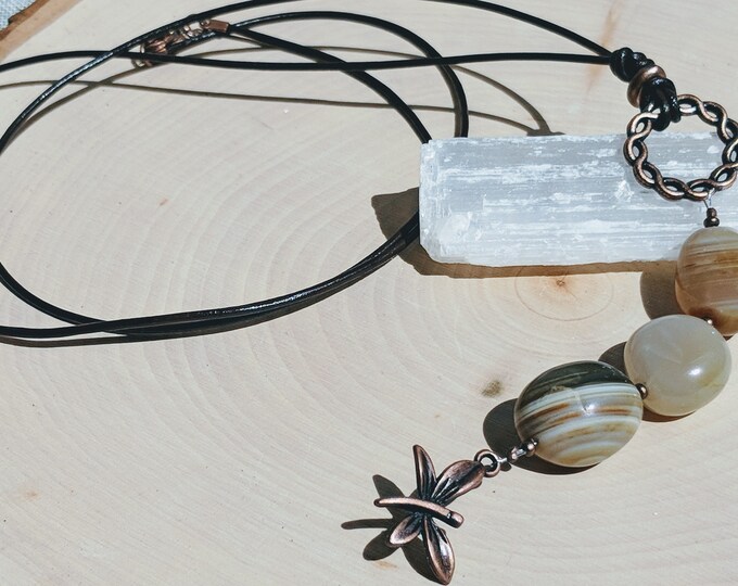 Banded Agate Leather Necklace with Butterfly Charm | Long 42” Gemstone Necklace | Fall Boho Jewelry