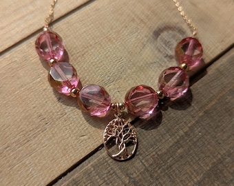 Light Rose Pink Table-cut Czech Glass Necklace with Tree of Life Charm