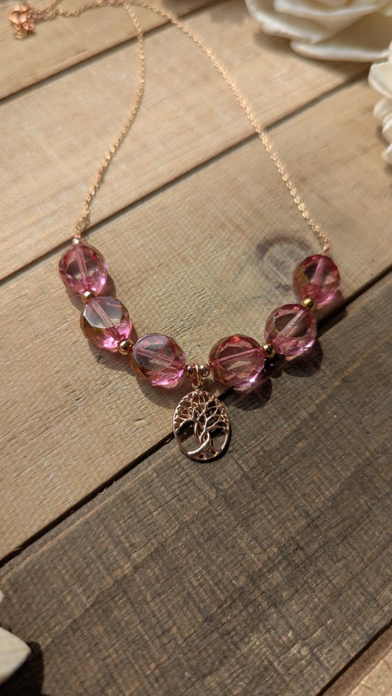 Light Rose Pink Table-cut Czech Glass Necklace with Tree of Life Charm