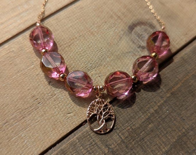 Light Rose Pink Table-cut Czech Glass Necklace with Tree of Life Charm