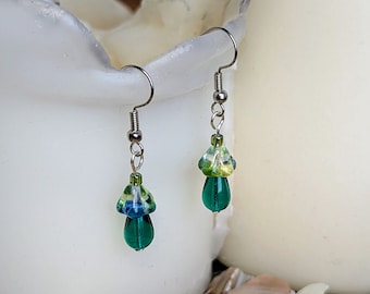Small Green Mushroom Earrings | Czech Glass Beads on Stainless Steel Hooks