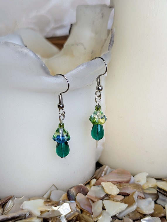 Small Green Mushroom Earrings | Czech Glass Beads on Stainless Steel Hooks