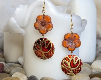 Glass & Embossed Flower Earrings | Czech Glass Hibiscus with Patina Metal Accents