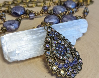 Elegant Purple Glass Necklace | Foiled Glass Beads with Bronze Accents & Crystal Pendant