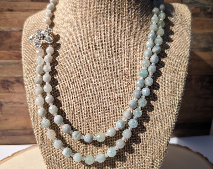 Aquamarine Necklace & Bracelet Set | Faceted Gemstone Jewelry with Cubic Zirconia and Crystal Flower | Handmade Gift for Her