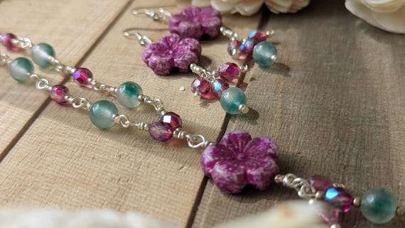 Pink Hibiscus beaded Necklace and Earring Set