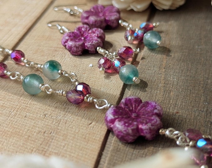 Pink Hibiscus beaded Necklace and Earring Set
