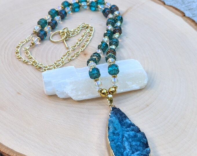 Aqua Quartz Druzy Necklace & Earrings Set | Long 30” Beaded Necklace with Aqua and White Glass Beads, Gold Accents