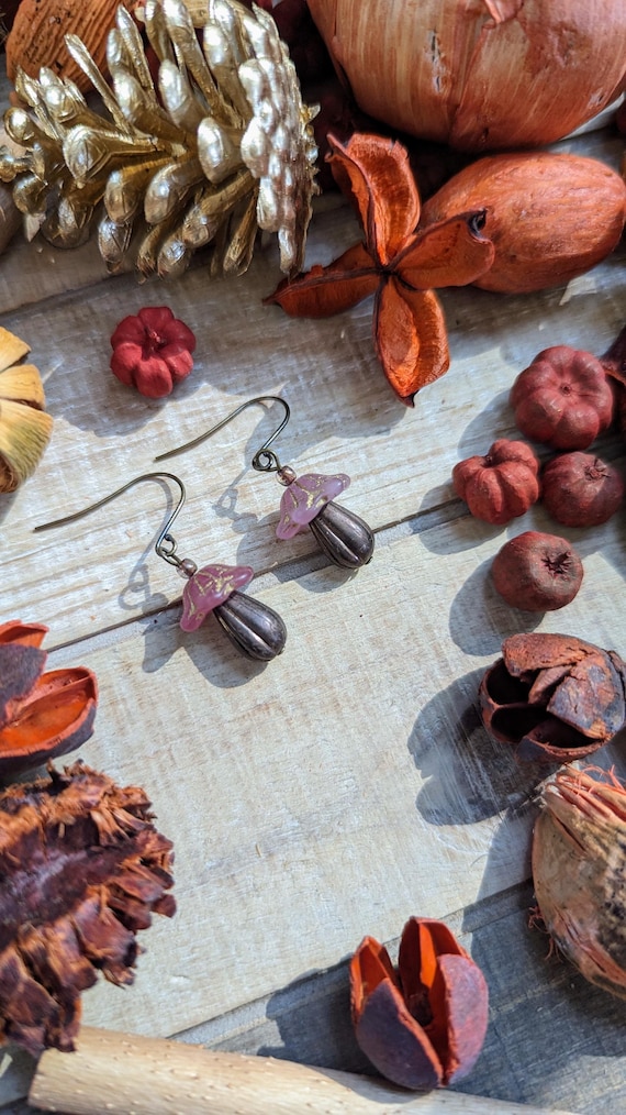 Pink & Brown Mushroom Earrings | Czech Glass Beads on Stainless Steel Hooks