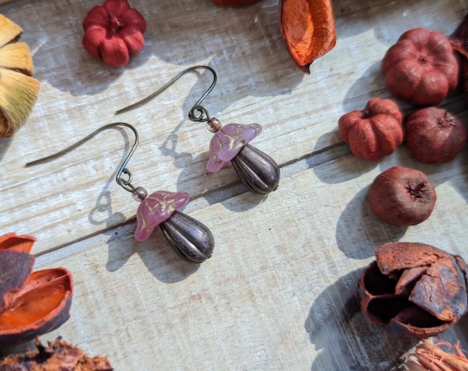 Pink & Brown Mushroom Earrings | Czech Glass Beads on Stainless Steel Hooks