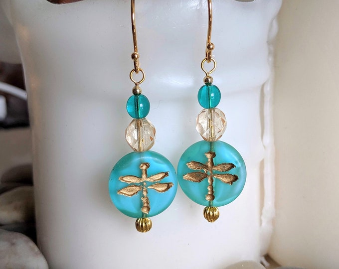 Dragonfly Earrings | Czech Glass Beaded Dangle Earrings with Dragonfly Focal Bead in Multiple Colors