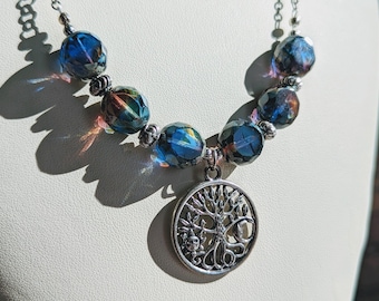 Rustic Blue Table-cut Czech Glass Necklace with Tree of Life Charm