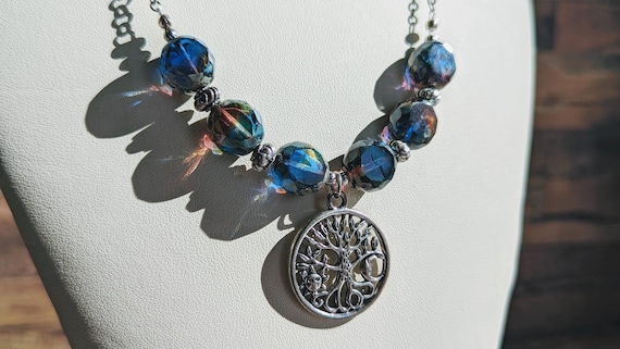 Rustic Blue Table-cut Czech Glass Necklace with Tree of Life Charm