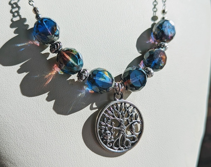 Rustic Blue Table-cut Czech Glass Necklace with Tree of Life Charm
