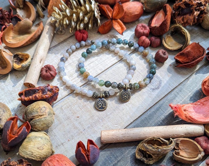 Yoga Bracelet Stack | Multi Rainbow Moonstone & Fancy Agate Beaded Bracelets with Bronze Charms