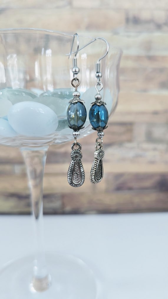 Iridescent Dusty Blue Glass Drop Earrings With Silver Accents