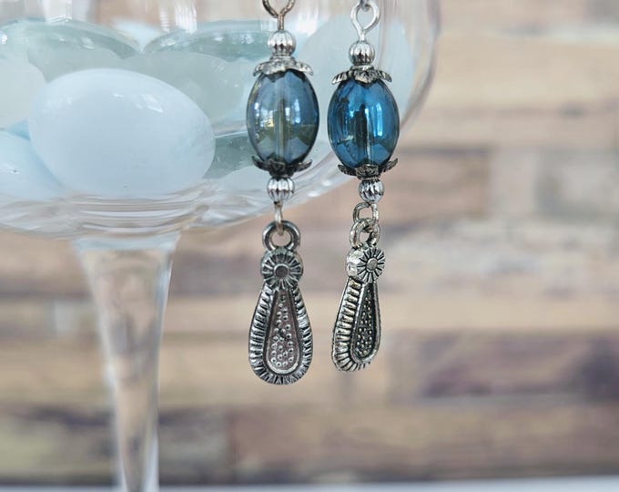 Iridescent Dusty Blue Glass Drop Earrings With Silver Accents