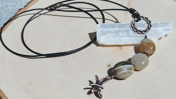 Banded Agate Leather Necklace with Butterfly Charm | Long 42” Gemstone Necklace | Fall Boho Jewelry