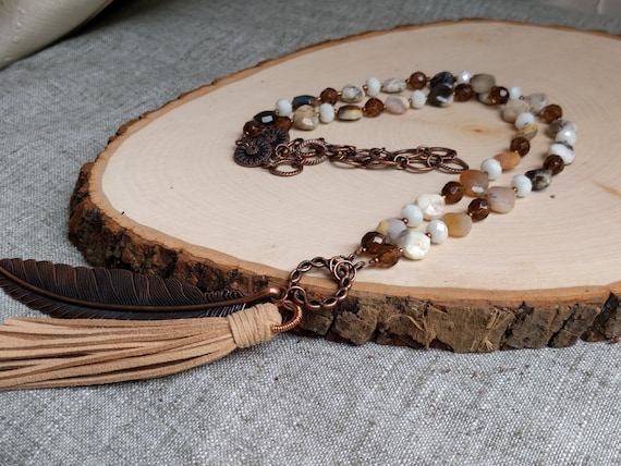 Opal & Czech Glass Necklace with Feather Charm and Leather Tassel | 30” Boho Necklace with Matching Earrings