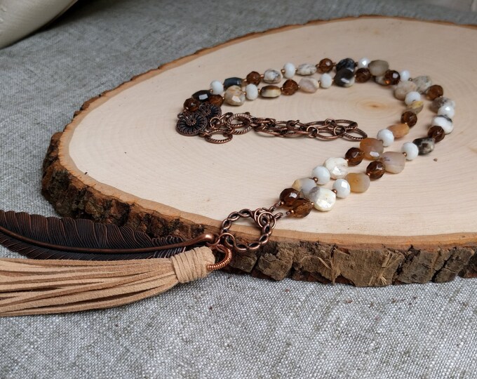 Opal & Czech Glass Necklace with Feather Charm and Leather Tassel | 30” Boho Necklace with Matching Earrings