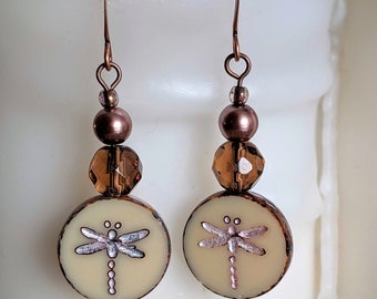 Dragonfly Earrings | Czech Glass Beaded Dangle Earrings with Dragonfly Focal Bead in Multiple Colors