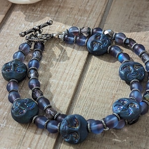 Handmade Blue Czech Glass Bead Bracelet with Moon Face | Boho Jewelry | Gift for Her | 7.5” Beaded Bracelet with Silver Toggle Clasp