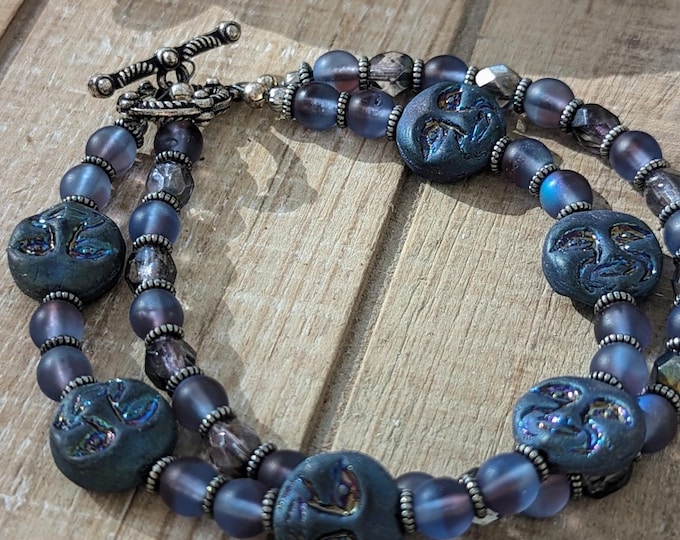 Handmade Blue Czech Glass Bead Bracelet with Moon Face | Boho Jewelry | Gift for Her | 7.5” Beaded Bracelet with Silver Toggle Clasp