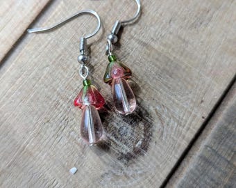 Small Pink with Green Mushroom Earrings Czech Glass Beads on Stainless Steel Hooks