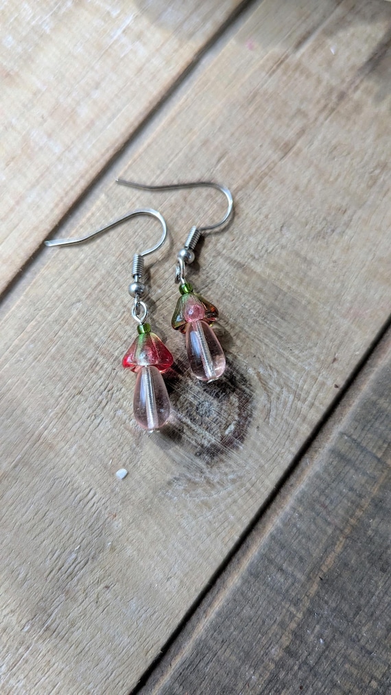 Small Pink with Green Mushroom Earrings Czech Glass Beads on Stainless Steel Hooks