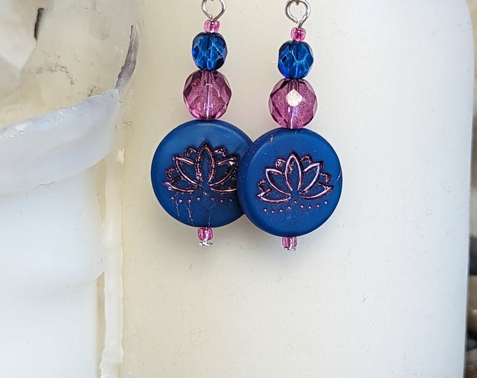 Lotus Flower Dangle Earrings | Czech Glass Bead Earrings on Fishhook Findings