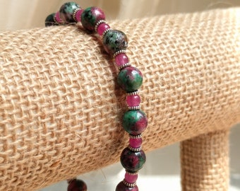 Pink and Green Gemstone Bracelet | Silver Accents, Pink Beads & Toggle Clasp