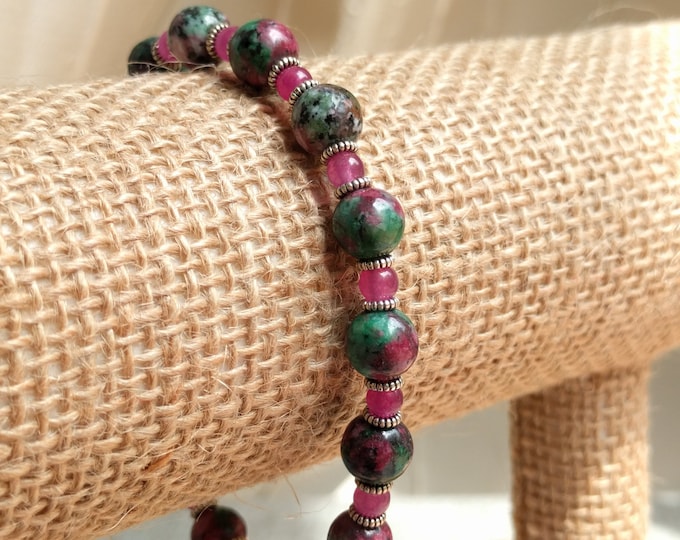 Pink and Green Gemstone Bracelet | Silver Accents, Pink Beads & Toggle Clasp