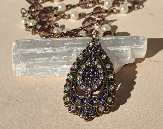 Country Chic Lavender Necklace & Earrings Set | 30” White Pearls, Lavender Czech Glass and Crystal Pendant