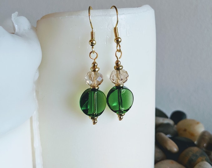 Elegant Green Glass Earrings with Champagne Beads | Handmade Gold Accent Jewelry | Gift for Her
