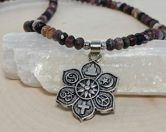 Coexist Necklace | 16” Multicolored Tourmaline Beaded Necklace with Silver Coexist Charm
