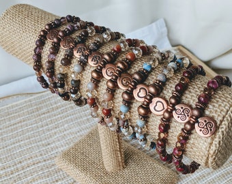 Glass & Gemstone Yoga Bracelets with Charms | Stretch Beaded Bracelet | Jasper, Agate, Moonstone, Quartz | Meditation Jewelry