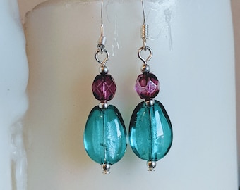 Teal and Pink Teardrop Earrings | Glass Beaded Dangle Earrings with Silver Accents
