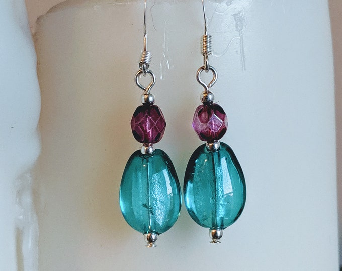 Teal and Pink Teardrop Earrings | Glass Beaded Dangle Earrings with Silver Accents
