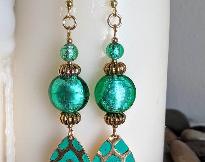 Teal Boho Earrings | Patina Teardrop Dangle Earrings with Teal Glass Beads & Gold Accents | Handmade Jewelry