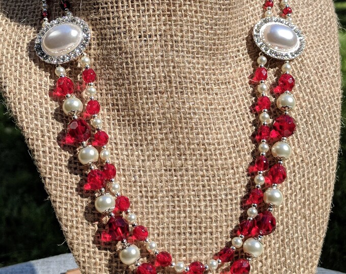 Pearl & Red Beaded Necklace | 18” Czech Fire-Polished Glass and Pearl Necklace with Crystal Accents