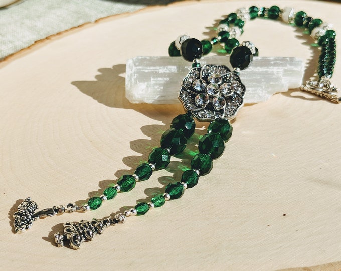 Green Glass Beaded Necklace with Moonstone & Crystal Accent | Christmas Charm Necklace | 18” Toggle Clasp