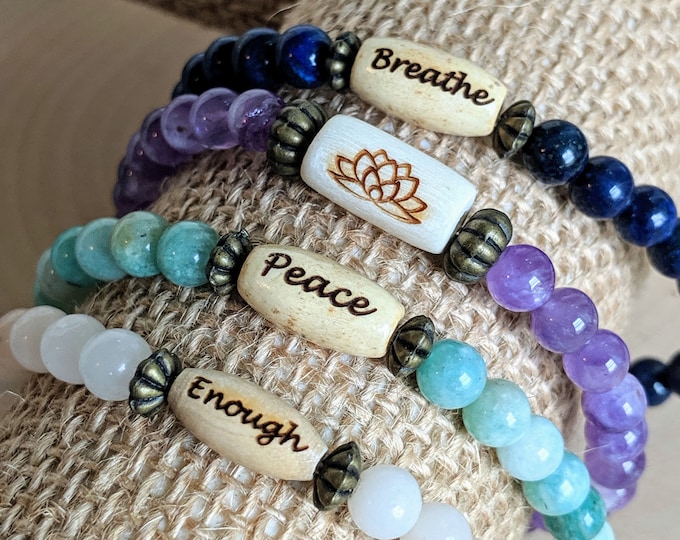 Affirmation Bracelets | Gemstone Bead Bracelets with Inspirational Words on Stretch Cord
