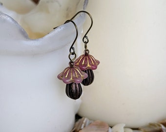 Pink & Brown Mushroom Earrings | Czech Glass Beads on Stainless Steel Hooks