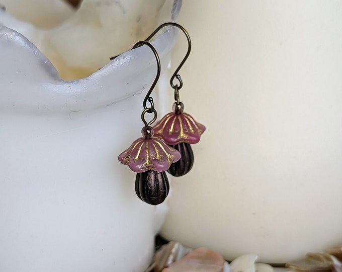 Pink & Brown Mushroom Earrings | Czech Glass Beads on Stainless Steel Hooks