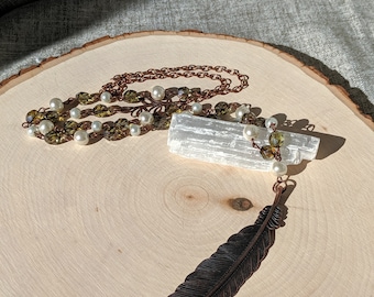 Country Chic Green Necklace & Earrings Set | Long 30” Pearl and Czech Glass Necklace with Copper Feather Pendant